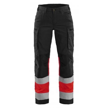 7161 Womens Hi-Vis Trousers with Stretch - Black/Hi-Vis Red