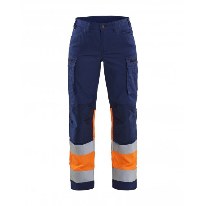BLÅKLÄDER 7161 Womens Hi-Vis Trousers with Stretch - Navy Blue/Orange