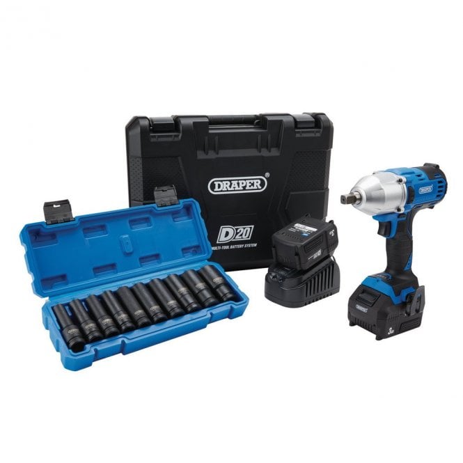 Draper D20 20V Brushless Mid-Torque Impact Wrench and Metric Deep Impact Socket Set Kit - 04791