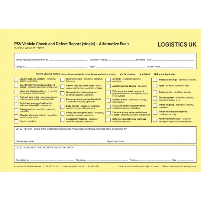 Logistics UK Logistics UK PSV Vehicle Check and Defect Report - Including Alternative Fuels (single)