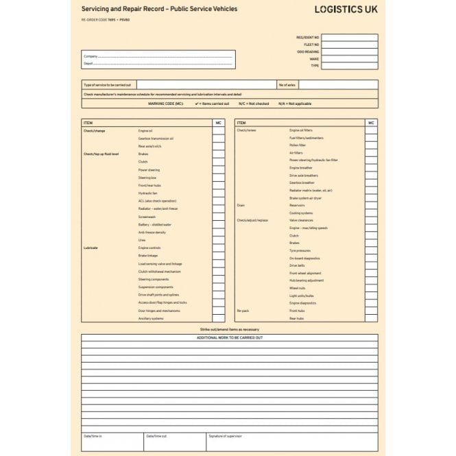 Logistics UK PSV80 - Public Service Vehicle Servicing and Repair Record Pad