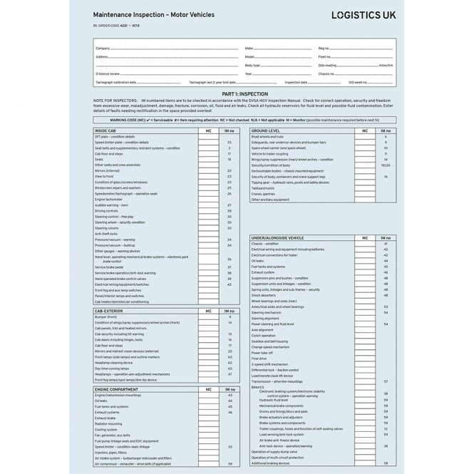 Logistics UK Logistics UK VC10 - Preventative Maintenance Inspection Report Pad - Motor Vehicle