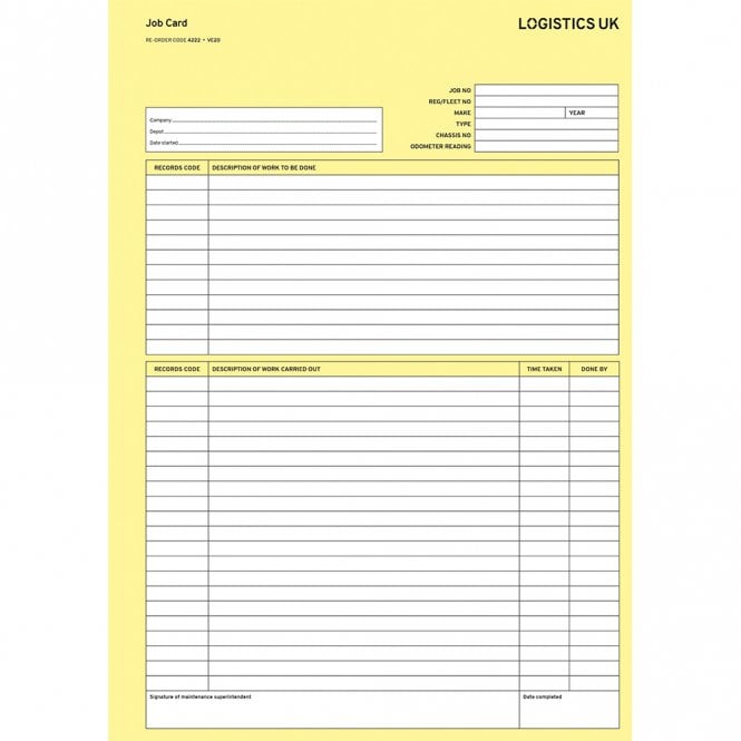 Logistics UK VC20 - Job Card Pad