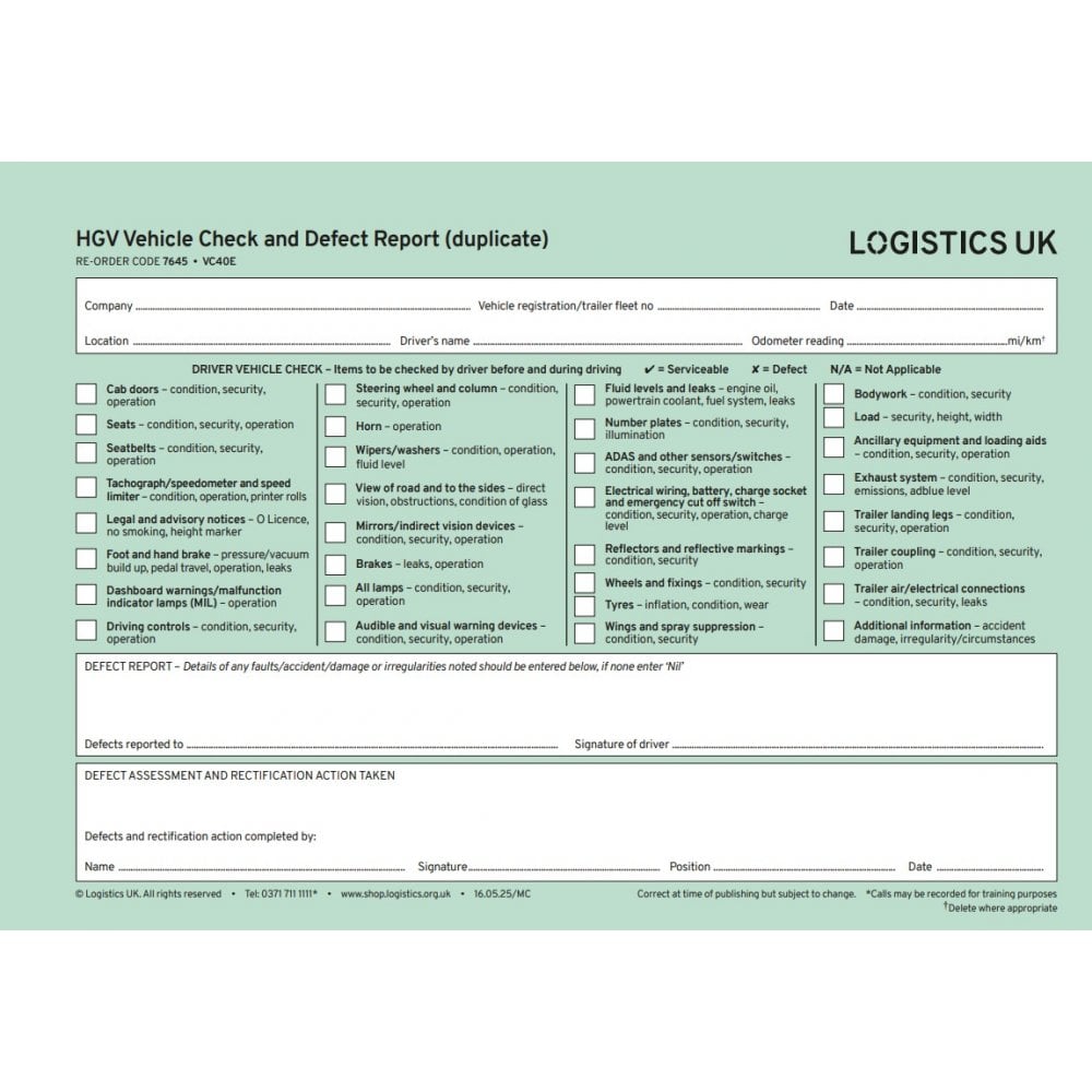 Goods Vehicle Defect Report Pad (Duplicate) | HGV Walkaround Checks