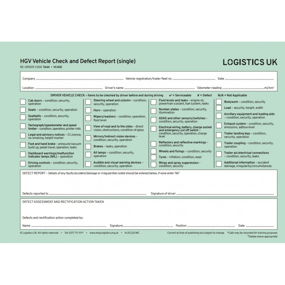 Vc40E - Goods Vehicle Defect Report Pad - Including Alternative Fuels ...