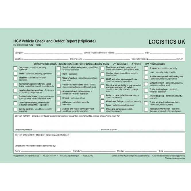 Logistics UK VC40E-Goods Vehicle Defect Report Pad (Triplicate)