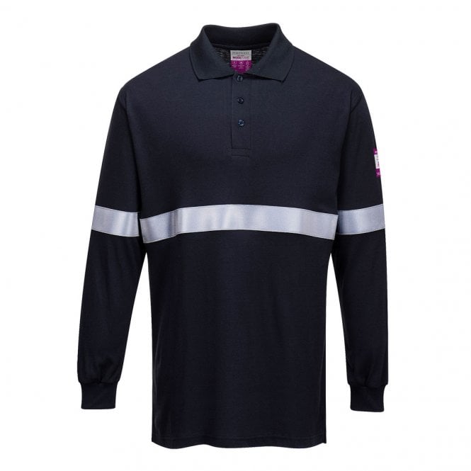 Portwest Flame Resistant Anti-Static Long Sleeve Polo Shirt w/ Reflective Tape - Navy
