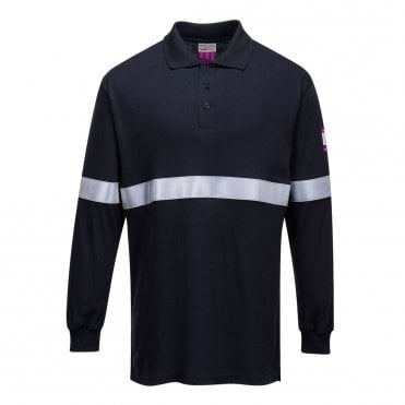Flame Resistant Anti-Static Long Sleeve Polo Shirt w/ Reflective Tape - Navy