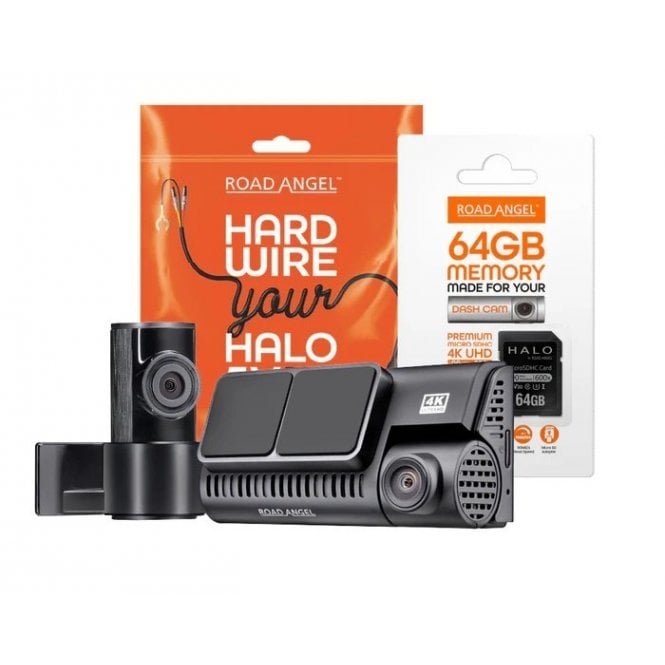 Road Angel  Halo Ultima 4K Front Dash Cam and 1K Rear Cam with 64GB SD Card and Hardwiring Kit Bundle
