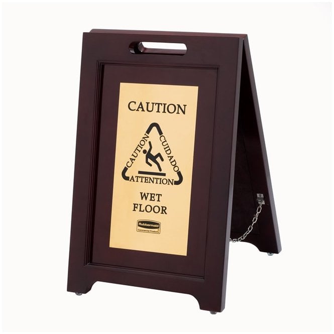 Rubbermaid Commercial Executive Wooden Multilingual Caution Sign 2-Sided